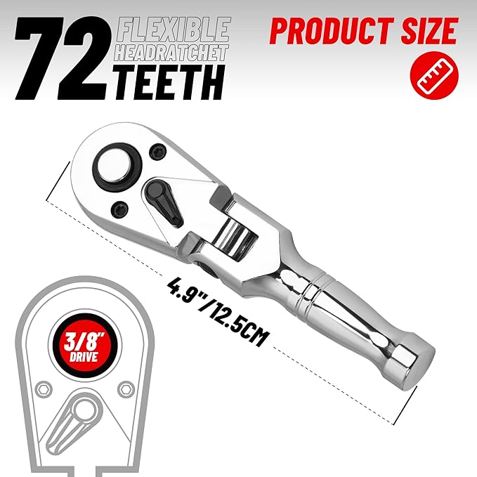 3/8 Inch Drive Stubby Flex Head Ratchet Wrench, Small Socket Wrench, 72 Tooth Quick Release Cr-Mo Swivel Head Ratchet-4.9"/125mm