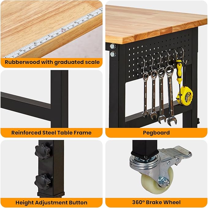 48" x 24" Heavy Duty Adjustable Workbench with Casters & Thickened Legs, 8-Level Height Adjustment, with Scale, Pegboard and Hooks, Rubberwood Worktable for Garage or Work