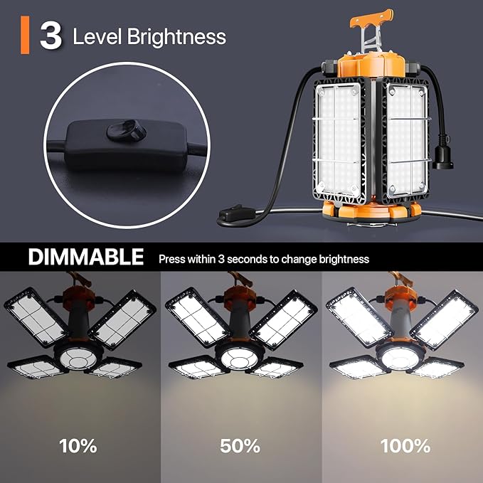 LED Temporary Work Light: 80W 12000LM Led Work Light with Brightness Adjustable Switch, 4 Deformable Panels Portable Construction Light, 5000K Linkable Hanging Work Lamp for Workshop Garage Jobsite