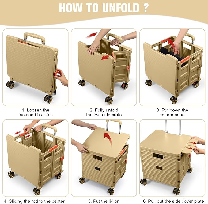 Rolling Shopping Cart with Wheels,Folding Utility Cart for Grocery,Durable Heavy Duty Collapsible Crate Rubber Tool Box with Magnetic Lid/Telescopic Cover for Office/Teachers Tote Basket/Travel
