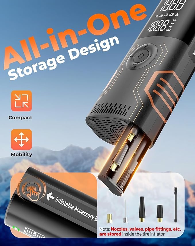 Tire Inflator Portable Air Compressor - Smart APP Air Pump for Car Tires, All-in-One Storage Portable Tire Pump for Car, 3X Speed & Automatic Stop Inflation, for Car, Motorcycle, Bicycle, Ball