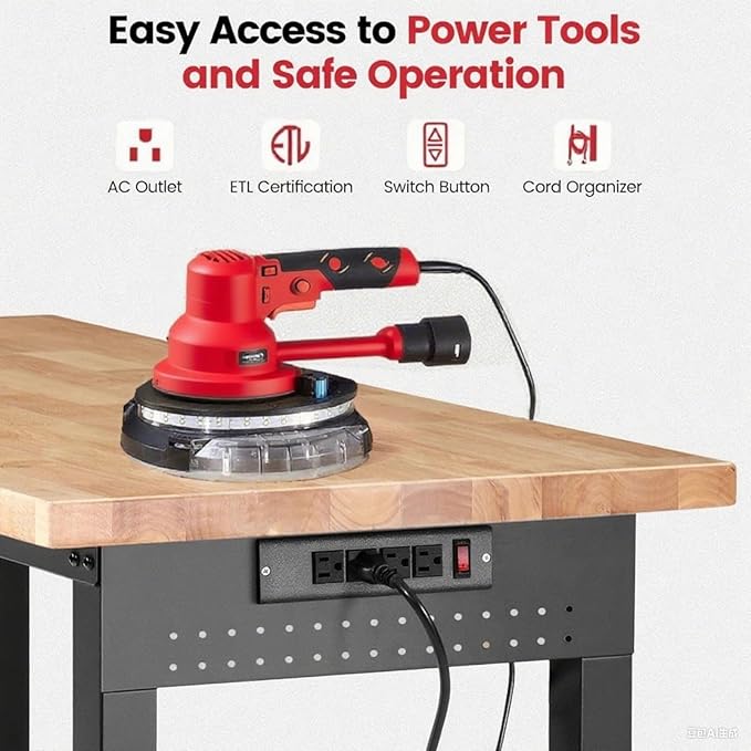 ENJOYWOOD 60" x 22" Rolling Workbench Adjustable Height Work Table with Wheels, Under Table Shelf, Pegboard & Power Outlets Heavy Duty Rubberwood Top for Garage, Office & Home