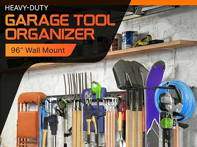 "64 Garage Tool Organizer Wall Mount - Heavy Duty 750lbs Metal Storage Rack, Easy Install Adjustable Hooks for Garden Tools Brooms