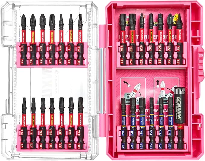 Geinxurn 28Pieces Impact Screwdriver Bits Set, Magnetic S2 Steel Phillips/Slotted/Square/Torx Insert Power Bits Tips, Impact Bit Holder with Pink Storage Box Case