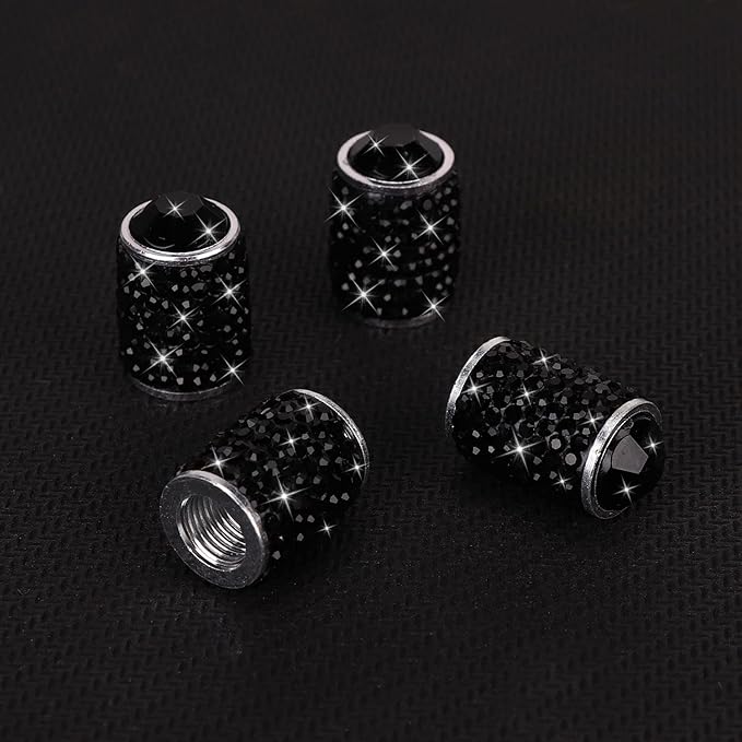 ToBeQueen Bling Tire Valve Covers Black, 4 Pack Handmade Crystal Rhinestone Car Tire Caps Universal Dustproof Bling Car Accessories for Car/SUV/Motorcycle/Bike(Black)