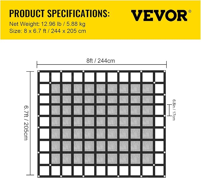 VEVOR Cargo Net with Mesh, 8' x 6.7' Cargo Net for Pickup Truck Bed, Heavy Duty Cargo Nets with Cam Buckles & S-Hooks & Cross Strap, Truck Bed Cargo Net for Trailer SUV Jeeps(96" x 80")