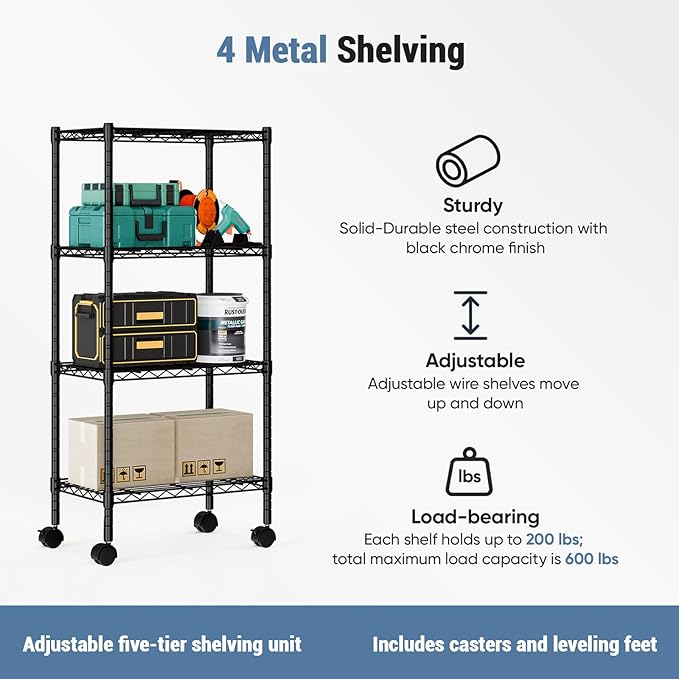 DUMOS 2 Pack 3Tier 4Tier Metal Shelving, Heavy Duty Shelves Wire Shelving Unit with Removable Wheel Casters, Shelves Organizer for Bathroom Garage Living Room Kitchen Pantry Laundry