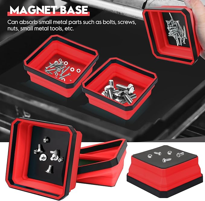 Collapsible Magnetic Trays, 4 Pack Foldable Silicone Magnetic Tool Trays for Small Metal Parts, Bolts, Screws, Nuts, Washers, with Double Sided Magnetic Base, 4.5in Square(Red)
