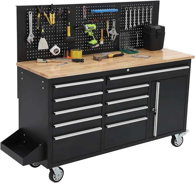 GAOMON 61-inch Rolling Tool Chest, 10 Drawers Garage Workbench Storage Tool Cabinet with Power Strip, Solid Rubber Wood Top, 1675 LBS Load Mobile Workstation, Heavy Duty Rolling Cabinet