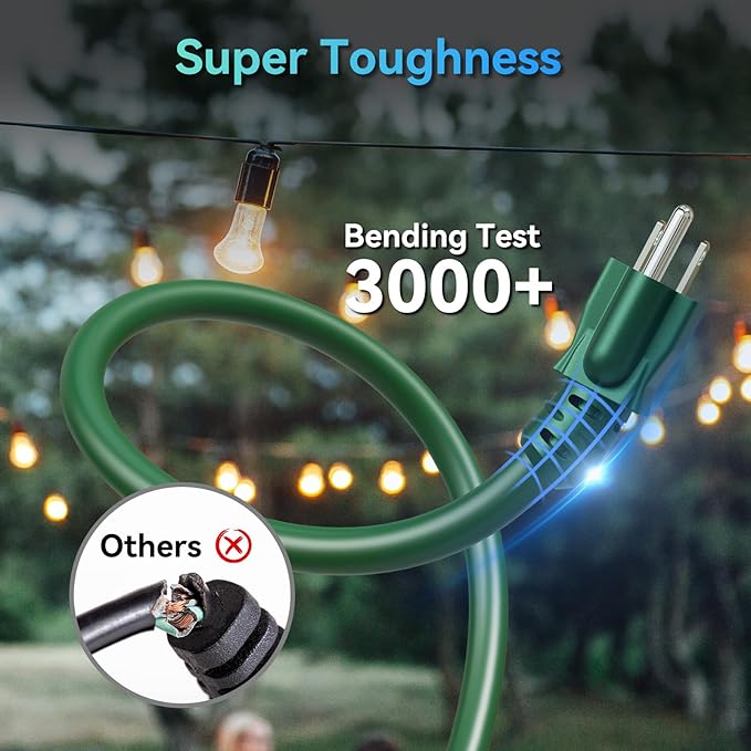 K KASONIC - 100 Ft Extension Cord with 3 Outlets, UL Listed 16/3 SJTW 3-Wire Grounded, 10A 125V 1625W for Indoor/Outdoor Use - Green