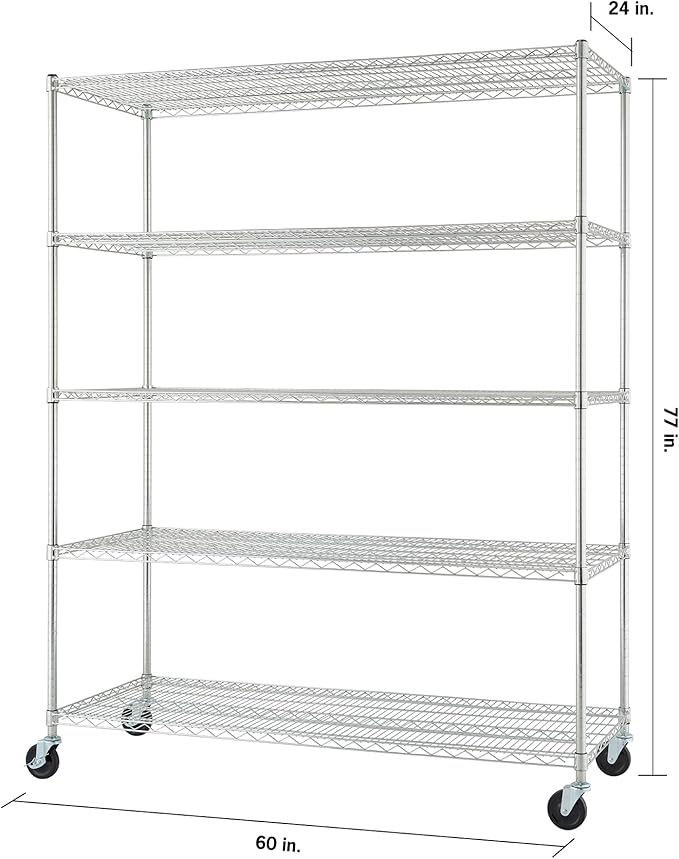Trinity Basics TBFC-0931 5-Tier Adjustable Wire Shelving with Wheels for Kitchen Organization, Garage Storage, Laundry Room, NSF Certified, 600 to 2250 Pound Capacity, 60” by 24” by 77”, Chrome