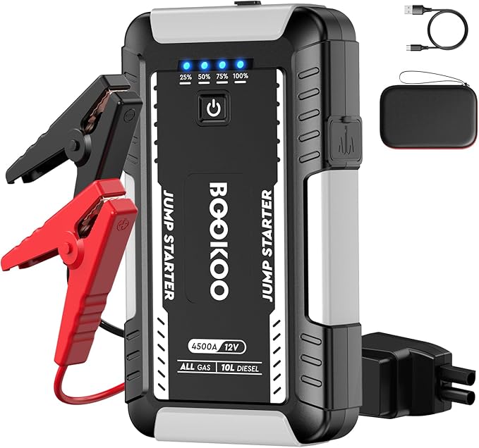 BOOKOO Portable Car Jump Starter, 4500A Car Battery Jump Starter for Upto 10L Gas and 8L Diesel Engines,12V Jump Box with Jumper Cables,USB QC3.0,LED Light