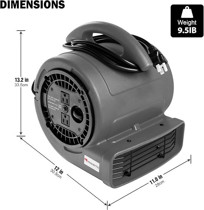 MOUNTO 1/5hp Air Mover 800cfm Blower Fan Carpet Floor Drying Fan - 3-Speed Compact Air Mover w/Dual Outlet, 10ft Power Cord for Drying, Cooling, Air Circulation (Grey), Small