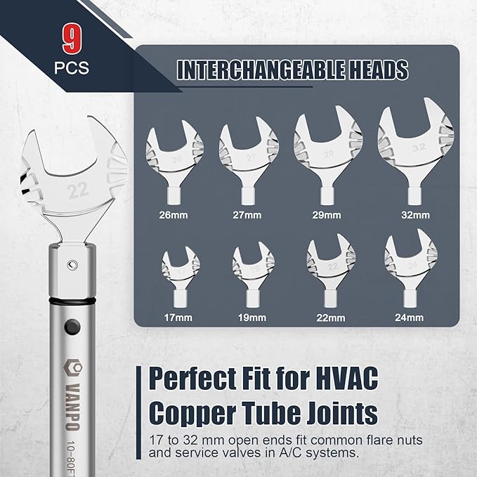 VANPO HVAC Torque Wrench 10–80 Ft-lb, 9×12mm, Adjustable Click Torque Wrench with Open End Heads (17–32mm), ±3% Accuracy for Mini Split AC & Refrigeration Flare Nut Installation