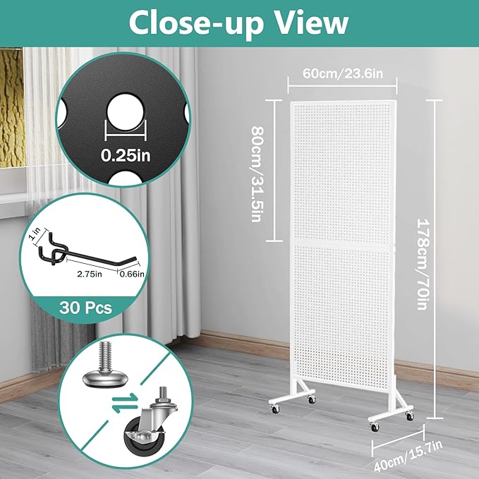Peg Board Display Stand 24" X70” Metal Pegboard on Wheels Heavy Duty Standing Rack Organizer Panels Units with 30 Hooks and T-Base for Ornament Retail & Vendors Craft Show Store Display