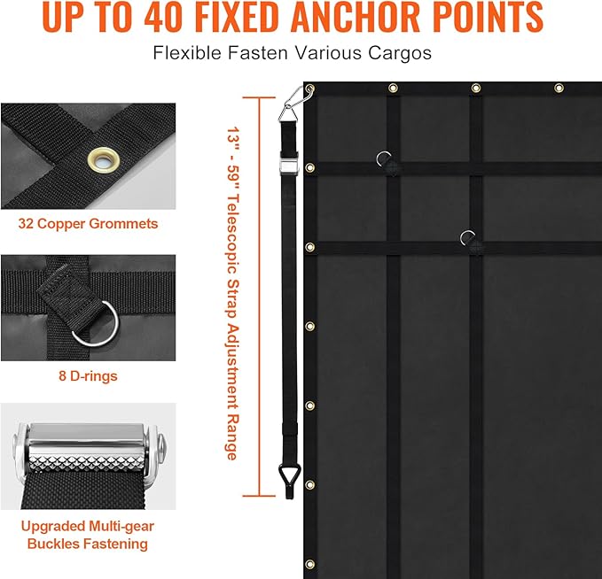 VEVOR Waterproof Cargo Net, 72 in x 57 in, Heavy Duty Truck Cargo Net-(WLL) 700lbs, 4 Adjustable Straps with Carabiners & S-Hooks, Truck Bed Cover for Trailer, Pickup, Boat, Jeep, SUV 4.75' x 6' ft