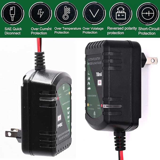 12 Volt Battery Charger 750mA Automatic Battery maintainer trickle Battery Charger Smart Float Charger for Automotive car Motorcycle Lawn Mower Boat ATV Sealed Lead Acid Batteries