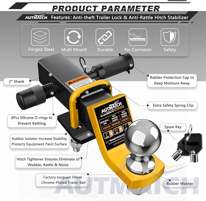 AUTMATCH Trailer Hitch Ball Mount with 2 Inch Hitch Ball - Fits 2" Receiver with Hitch Tightener, 8000Lbs Capacity Ball Hitch, 2-Inch Drop with 5/8" Hitch Lock Pin, Yellow & Black