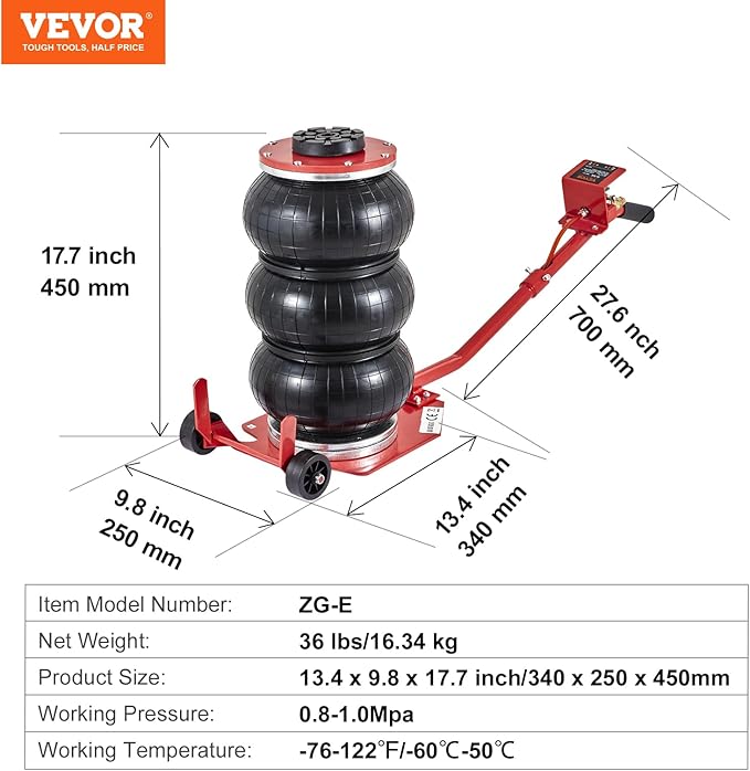 VEVOR Air Jack, 3 Ton/6600 lbs Triple Bag Air Jack, Airbag Jack with Six Steel Pipes, Lift up to 17.7 inch/450 mm, 3-5 s Fast Lifting Pneumatic Jack, with Long Handles for Cars, Repair, (Red)