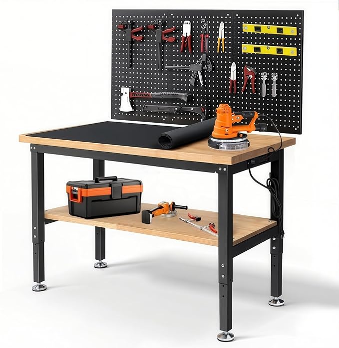 ENJOYWOOD 48" x 20" Heavy Duty Workbench Adjustable Height Garage Work Table with Solid Rubberwood Top, Double Layer Shelf, Pegboard & Power Outlets for Workshop, Home & Office