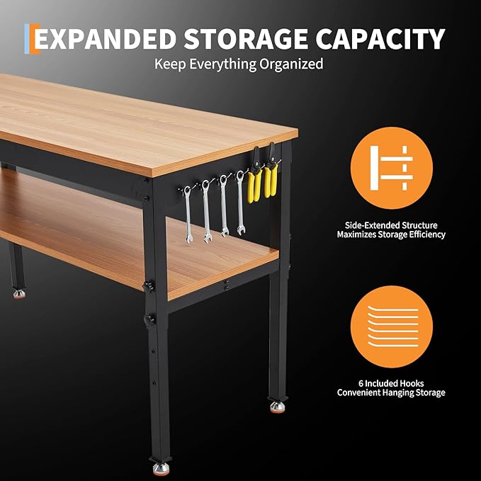 60" Work Bench with Storage Shelf, Adjustable Height Workbench, 60" x 24" Work Benches for Garage, 2500 LBS Tool Bench with Power Outlet for Workshop & Home