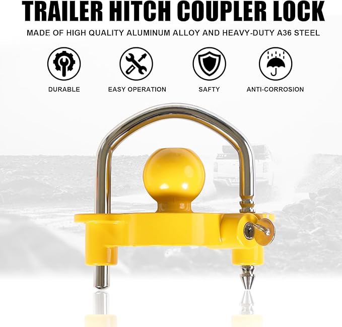 TCE ATRCLL001U Torin Lightweight Coupler Lock: Adjustable Trailer Ball Hitch Lock Storage Security, Heavy-Duty Steel and Aluminium, Yellow and Chrome