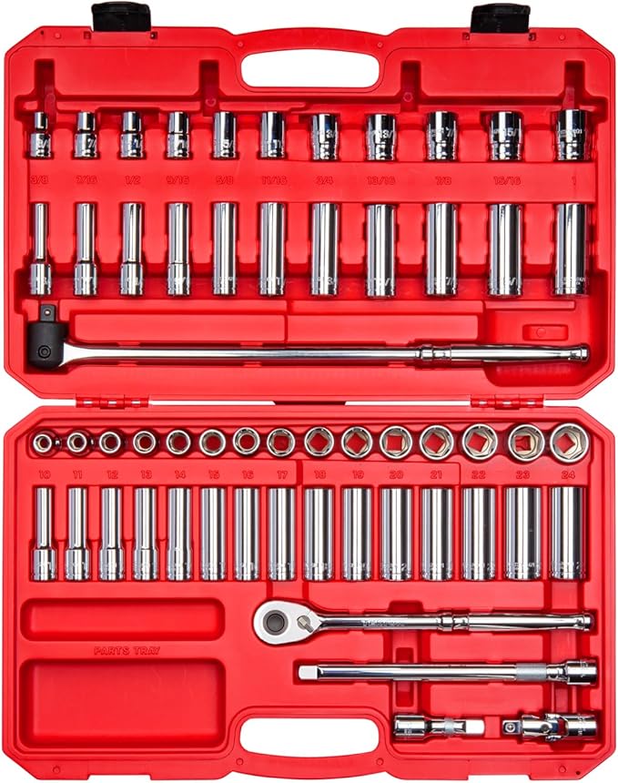 TEKTON 1/2 Inch Drive Shallow and Deep 6-Point Socket and Ratchet Set with Case, 57-Piece (3/8 - 1 in., 10 - 24 mm) | SKT25301