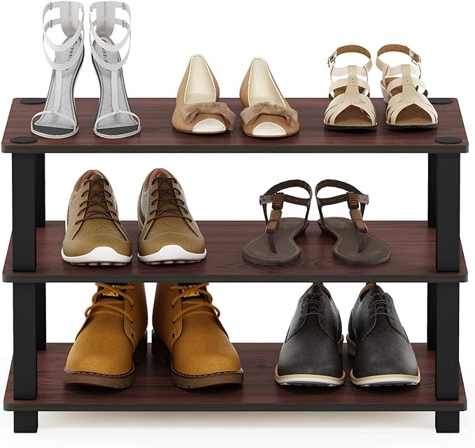 Furinno Turn-S-Tube 3-Tier Shoe Rack, Dark Cherry/Black