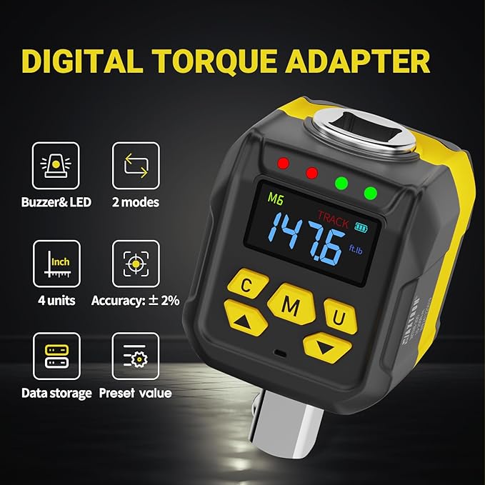 Digital Torque Adapter Set, 1/2" Electronic Torque Wrench Adapter, 7.5-147.5 Ft-Lb (10-200 Nm), Buzzer & LED Alert, for Ratchet & Breaker Bar, Includes 1/4" & 3/8" Adapters