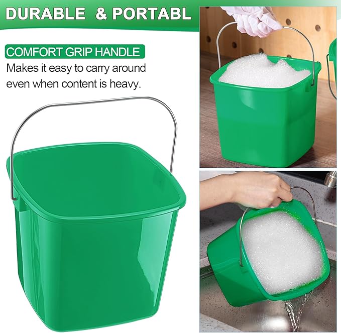 Zhehao 6 Pcs 3 Quart Bucket for Cleaning Small Sanitizer Bucket for Restaurant Square Plastic Pail with Handles for Home, Offices, Commercial Use, Food Service(Dark Green)