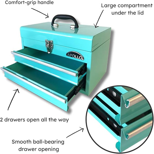 Apollo Tools 14 Inch Steel Tool Box with Deep Top Compartment and 2 Drawers in Heavy-Duty Steel With Ball Bearing Opening and Powder Coated Finish - Aqua Green - DT5010-GR