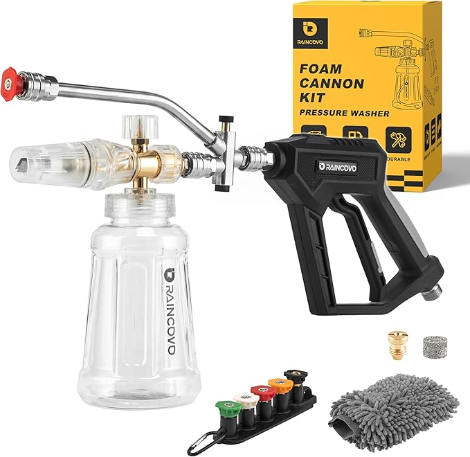 Foam Cannon with Short Pressure Washer Gun, Dual Connector Accessories, Snow Soap Attachment for Car Wash, 5 Nozzles Tips with Holder, 1/4” Quick Connect, Additional 1.1 mm Orifice Nozzle