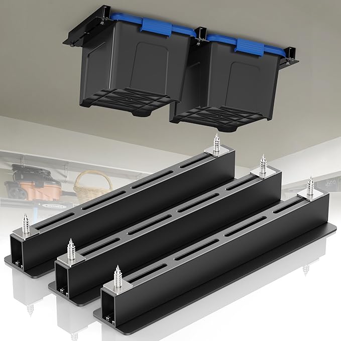 WooFog Overhead Garage Storage Rack, Garage Ceiling Storage Racks, Heavy Duty Storage Bin Ceiling Rails for 27 Gallon Totes，Tote Storage Rack System -Black (3 Sets for 2 Bins)