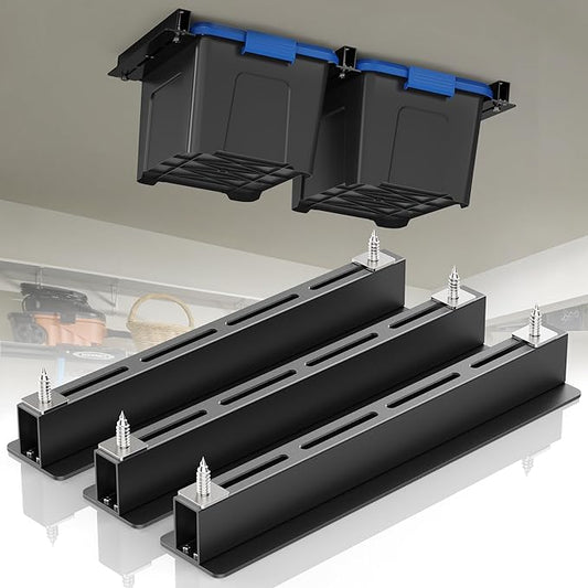 WooFog Overhead Garage Storage Rack, Garage Ceiling Storage Racks, Heavy Duty Storage Bin Ceiling Rails for 27 Gallon Totes，Tote Storage Rack System -Black (3 Sets for 2 Bins)