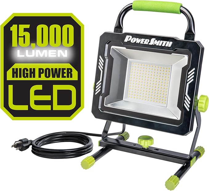 POWERSMITH PWLS150H 15000 Portable LED Work Light with Two Brightness Modes, Metal Housing and Stand, 10 ft. Power Cord, Impact Resistant Lens, and 5 Year Warranty