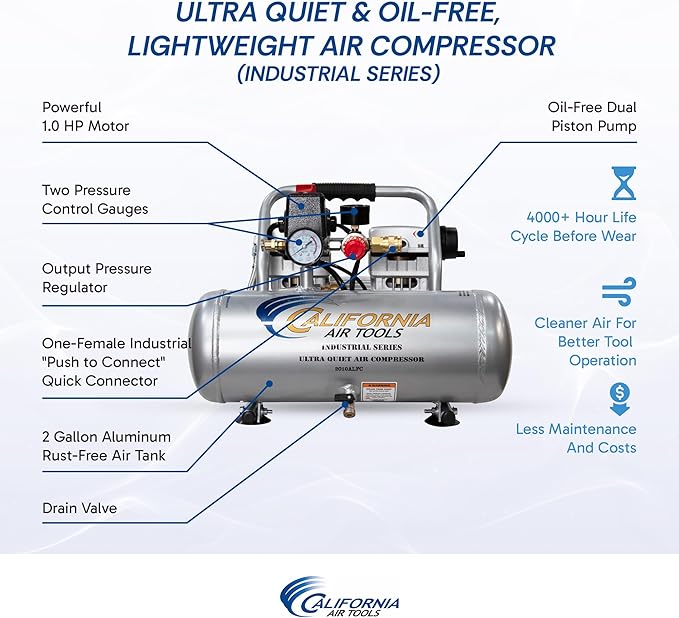 California Air Tools 2010ALFC 1.0 HP Ultra Quiet and Oil-Free Air Compressor, 2 Gallon Aluminum Tank, 60 dBA Noise Level, Industrial Series