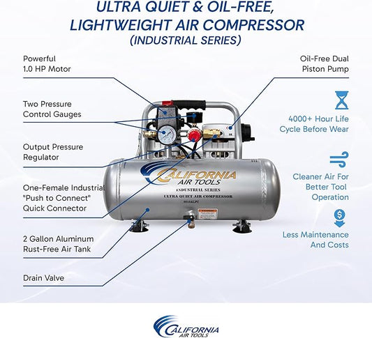 California Air Tools 2010ALFC 1.0 HP Ultra Quiet and Oil-Free Air Compressor, 2 Gallon Aluminum Tank, 60 dBA Noise Level, Industrial Series