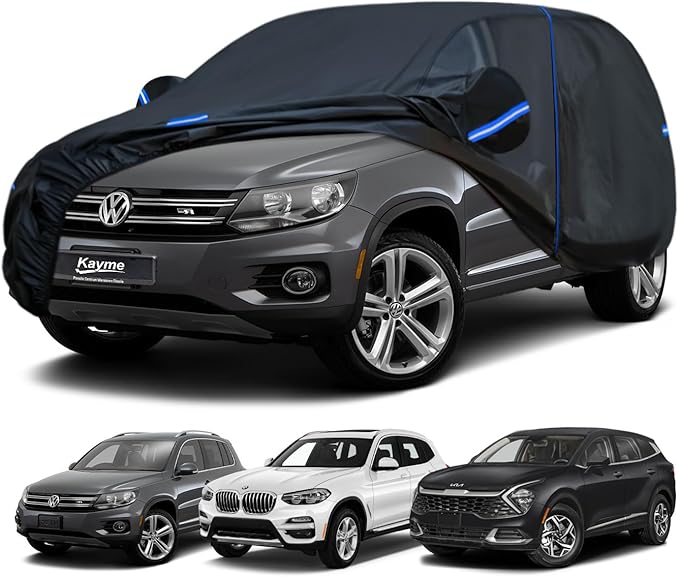 Kayme SUV Car Cover Custom Fit for Volkswagen VW Tiguan Allspace, BMW X1, Kia Sportage Windproof Upgraded & 100% Waterproof. All-Weather Full Exterior Cover Rain Sun Protector with Towel.