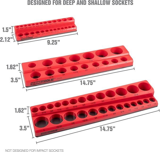 OEMTOOLS 22489 6 Pack Set Metric and SAE Magnetic Socket Organizers, Tool Box Socket Organizer for 1/4, 3/8, and 1/2 Inch Drive Sockets, Red and Blue
