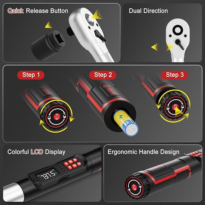 VANPO 3/4-Inch Digital Torque Wrench 37–737 ft-lb, ±2% Accuracy Heavy Duty Electronic Torque Wrench with LED, Buzzer & Vibration Alert for Wind Turbine, Mining Equipment & Industrial Bolting