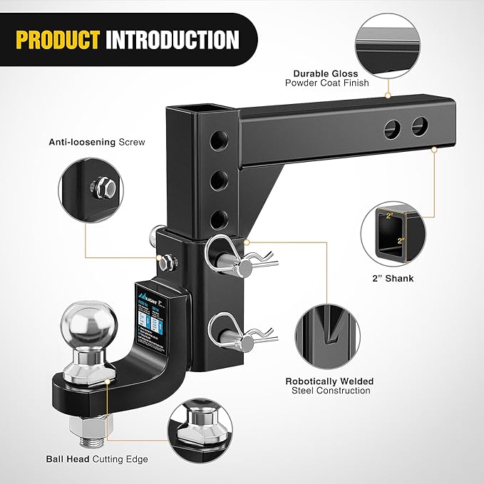 Nilight 8-Position Adjustable Trailer Hitch Ball Mount with 2 inch Ball Fits 2 Inch Receiver with 5/8" Pin Lock 7500 lbs, 9-1/2" Drop, 8-1/4" Rise Hitch for Trailers Boats Pickups RV