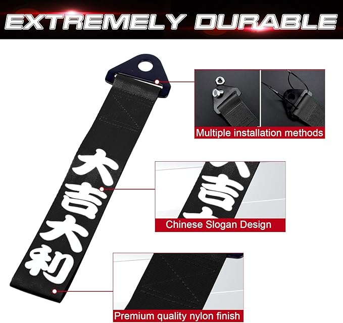 x xotic tech Tow Strap JDM Sports Black Racing Tow Strap Car Modification Decorative Trailer Belt Personalized with Chinese Slogan Fit for Rear Front Bumper (Good Luck & All The Best)