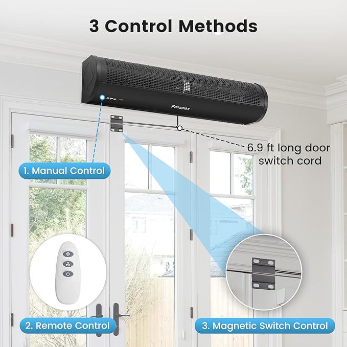 Fanspex 36" Wall Mounted Air Curtain, 2-Speed Commercial Over Door Fan for Home Garage Shop Restaurant, 120W Low Consumption with Magnetic Door Switch (Black)