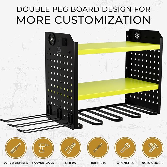 BUILTSTRONG Power Tool Organizer - 6 Drill Holder Wall Mount, 3-Tier Heavy-Duty Hand Tool Storage Rack With 2 Pegboard Sides - Green