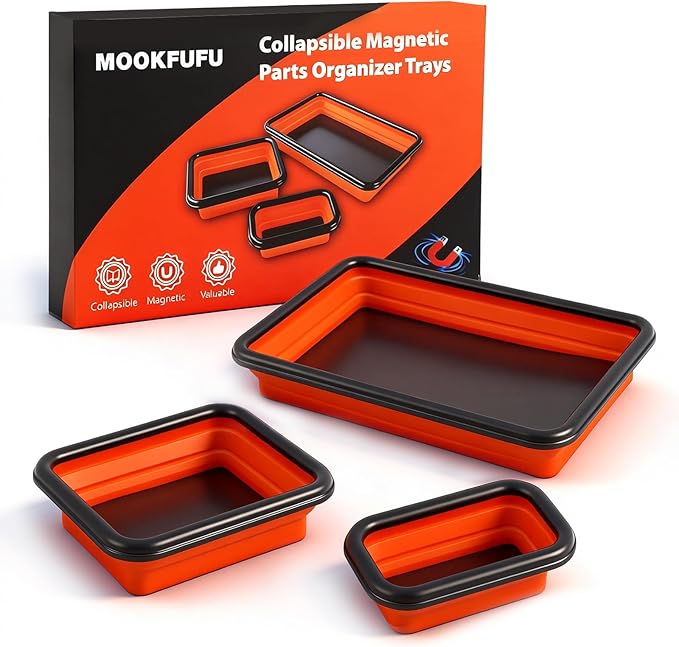 Collapsible Magnetic Parts Tray Set with Extra Strong Magnet Up to 18LB, 3 Different Size Silicone Foldable Tool for Organizing Screw Bolts Nuts Washers Pins and Other Small Metal Parts - Orange