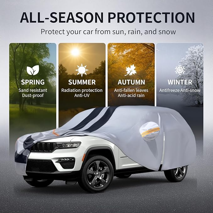 Multi-Layer Car Cover Custom Fit for Jeep grand Cherokee long(2021-2026), 100% Waterproof All Weather for Automobiles, Gift with Towel, Heavy Duty Car Covers for Rain Sun UV Protector With Door Zipper