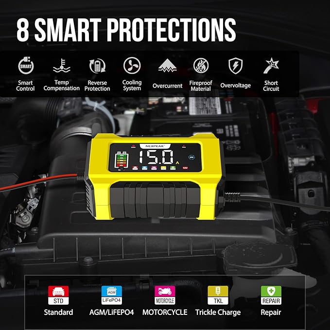 NEXPEAK NC215 15-Amp Battery Charger, Trickle Charger Car Battery Charger 12V 24V LiFePO4 Lead Acid Portable 9-Stage Smart Battery Maintainer w/Temp Compensation for Car Truck Lawn Mower Boat Marine
