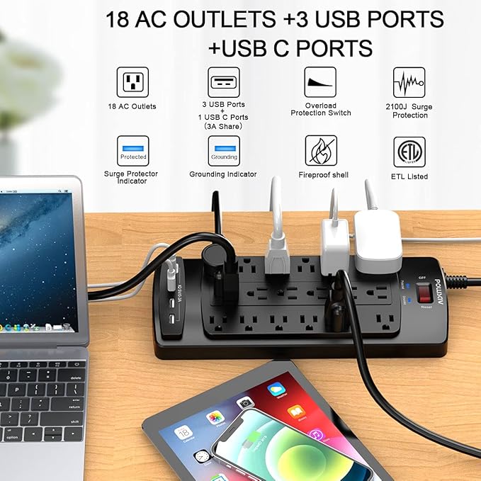 18 Outlets Surge Protector Power Strip - 6 Feet Flat Plug Heavy Duty Extension Cord with 18 Widely Outlets and 4 USB Ports, 2100 Joules, Black, ETL Listed