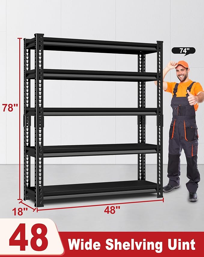 Garage Shelving Heavy Duty, 2800 Lbs Loads Garage Storage Shelves Heavy Duty, 5-Tier Metal Shelving Units and Storage for Basement, Retiple Tanks,48''Wx18 Dx78 H,Black
