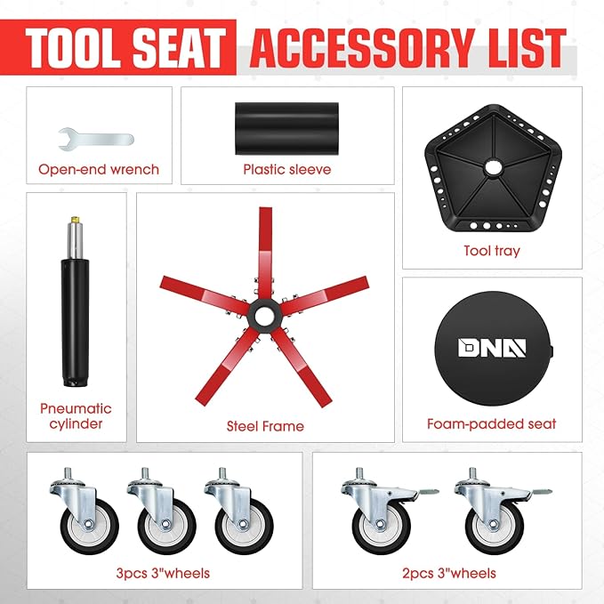 DNA Motoring Rolling Shop Stool, Adjustable Height Padded Rolling Seat, Pneumatic Roller Mechanic Stool for Garages, w/Tool Storage Tray, 300lbs Capacity, TOOLS-00636-BK-RD